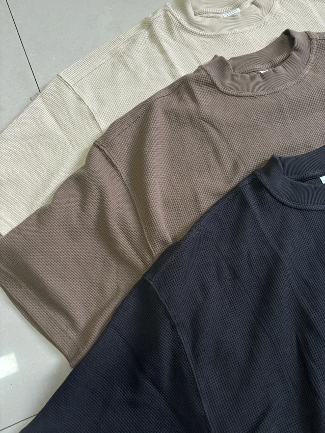 Thermal Waffle Knit T Shirts Custom Mens Short Sleeve Long Sleeve Cotton Waffle Soft Blank Solid Men Slim Fitted T-Shirt