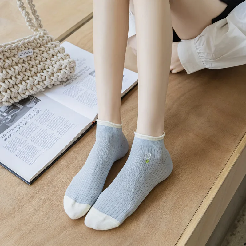 Summer Korean In Stock Fashion Cute Embroidery Flower Tulip Girls Socks Cotton Cozy Fancy Ruffle Women Ankle Socks