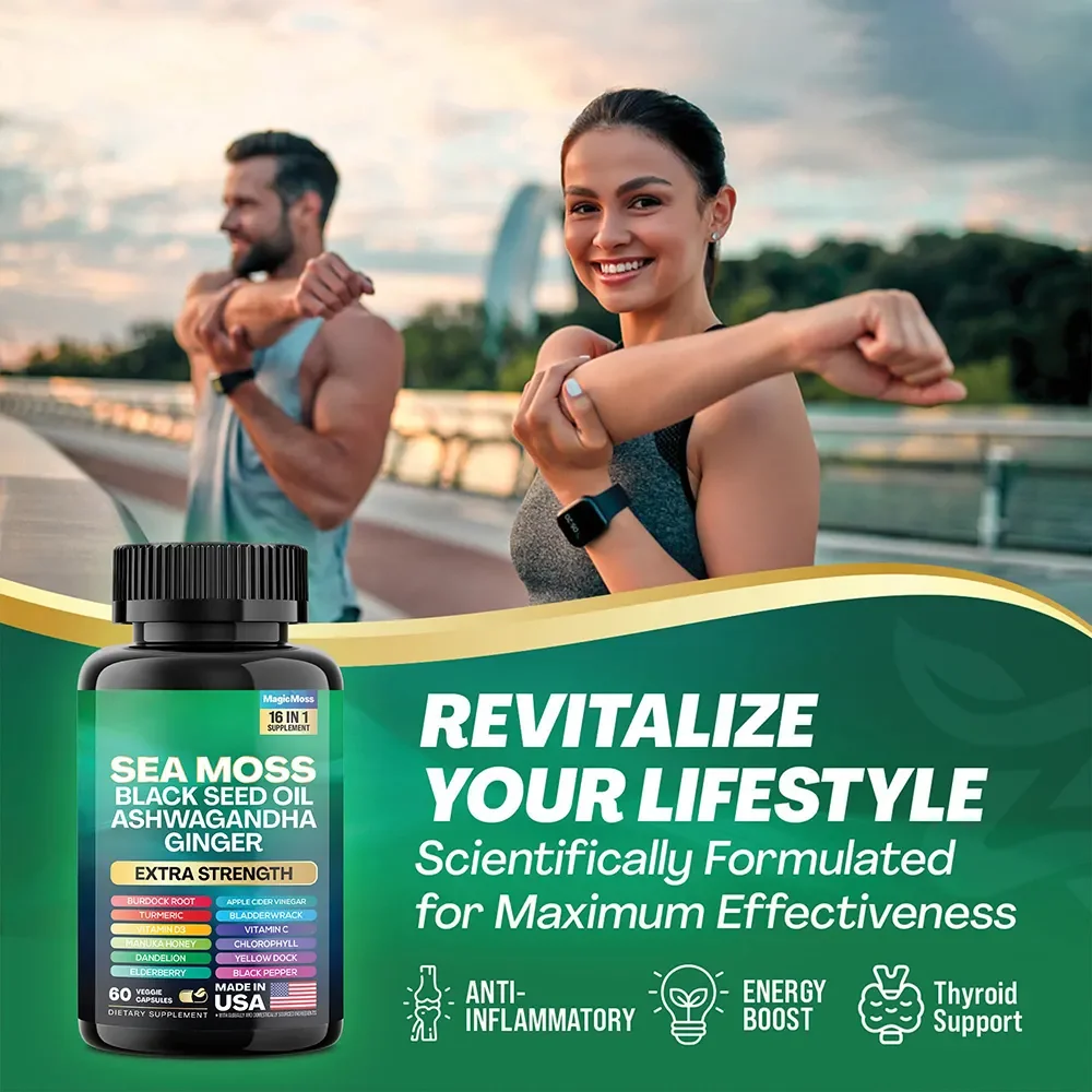 Private Label OEM Sea Moss Black Seed Oil Capsules Ashwagandha Turmeric Bladderwrack Burdock Ginger Vitamin Capsules
