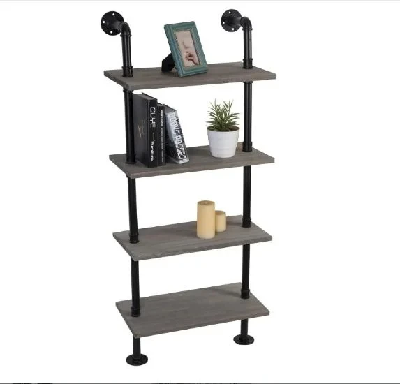 4 Tier Industrial Metal Pipe Wall Leaning Ladder Shelf Bookshelf with Rustic Gray Solid Metal Wood Shelves
