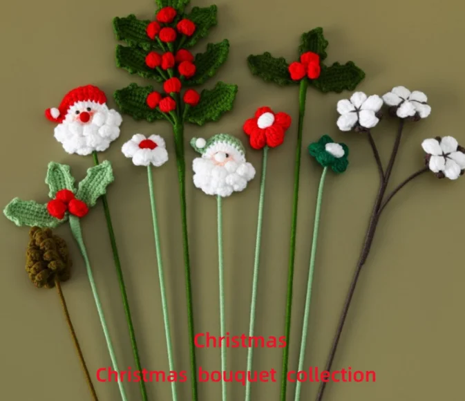 Handmade Wool Crochet Christmas Santa Claus Flowers Artificial Knit Yarn Flower Crochet Flower for Xmas Christmas Day Gifts