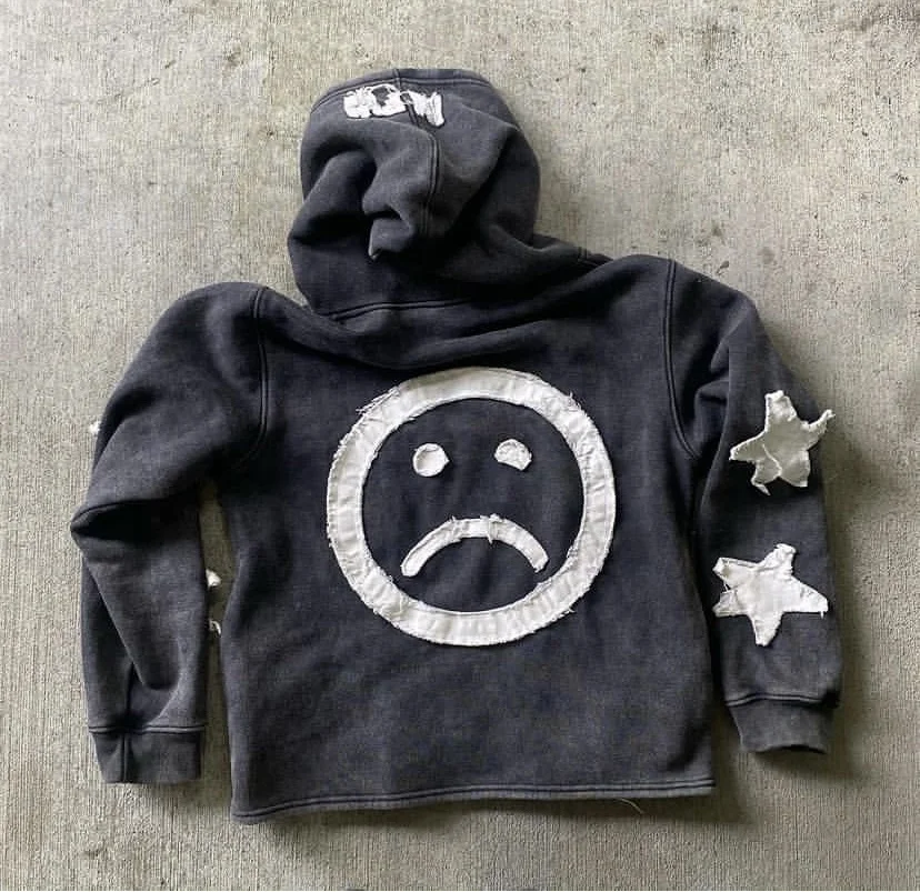 Custom Logo 450gsm Unisex Heavyweight Distressed Embroidery Cut And Sew Zipper Vintage Patch Men Acid Wash Zip Up Hoodie