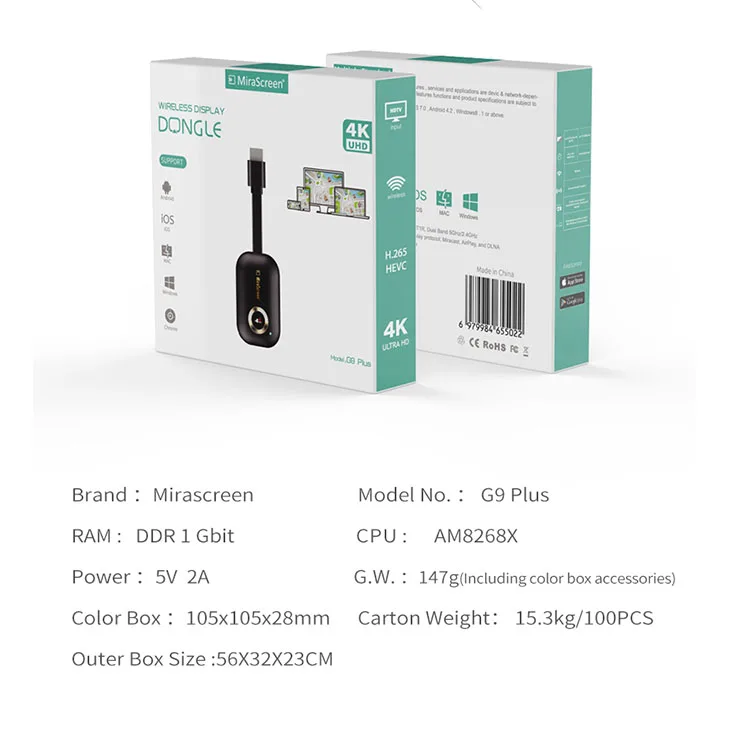 Mirascreen G9 Plus 2.4G 5G 4K Wireless HDMI Android tv stick Miracast Airplay Receiver Wifi Dongle mirror Screen streamer cast