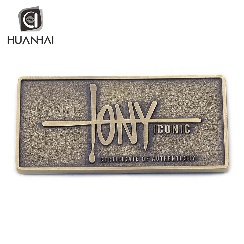 Germany brand 2D logo letter engraved antique bronze custom metal logo labels