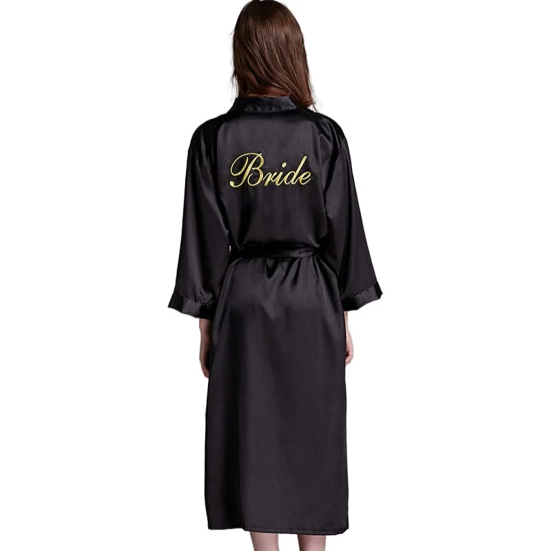 High quality  USA family Adult luxury black long bride wedding silky satin robe women