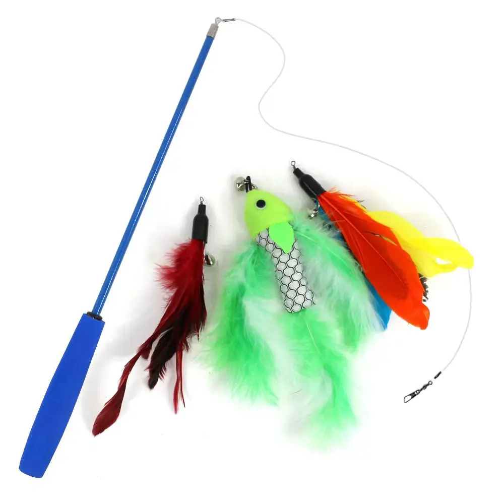 9 Piece Set Three Sections Fishing Rod Colorful Feather Caterpillar Cat-teasing Stick cat toys