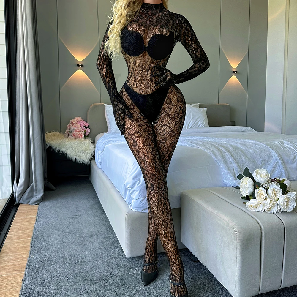 Sexy Long Sleeve Bodysuit for Women New Leopard Transparent Bodystocking Mesh Sheer Erotic Lingerie Closed Crotch Design