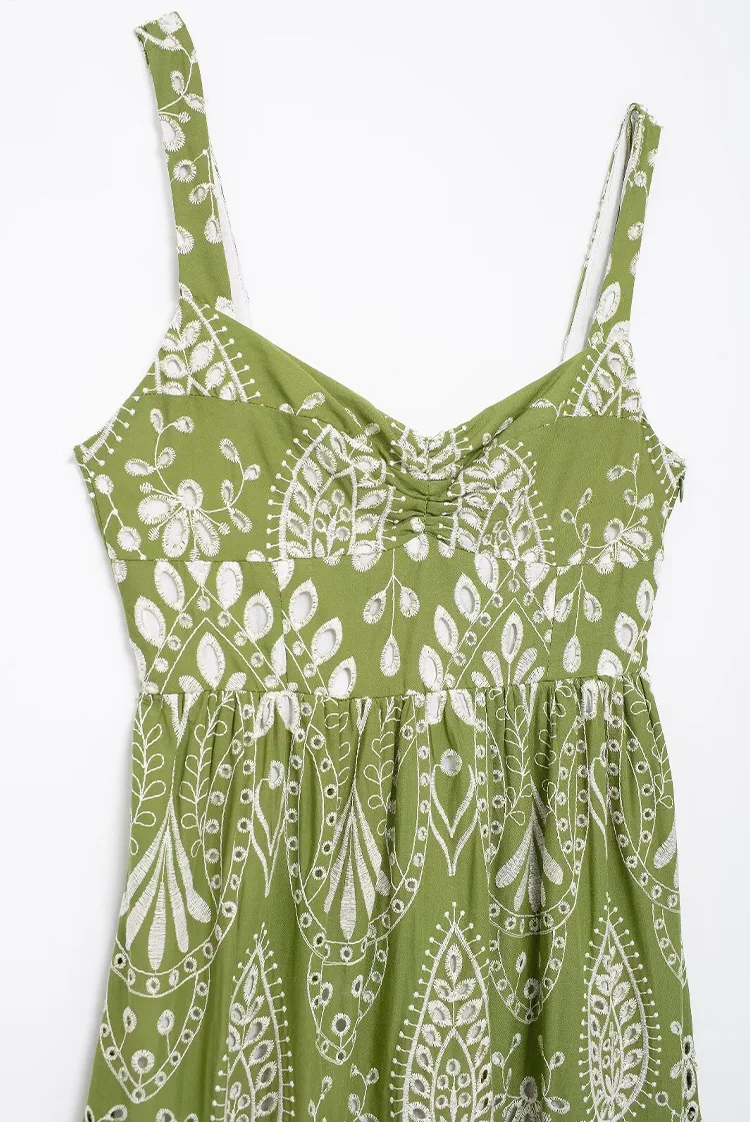 Ladies Hawaiian Vacation Style Slimming High Waisted Whitening Green Dress Hollow out Embroidered Print Summer Slip Dress