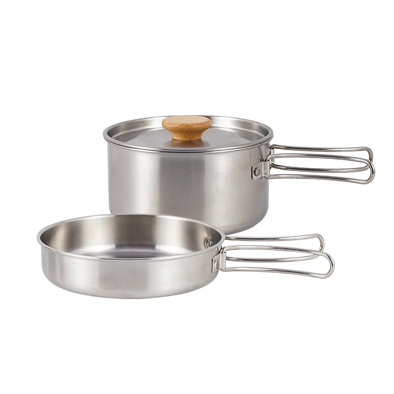 Outdoor mountaineering stainless steel folding handle pot Camping portable frying pan stockpot Household picnic pot set