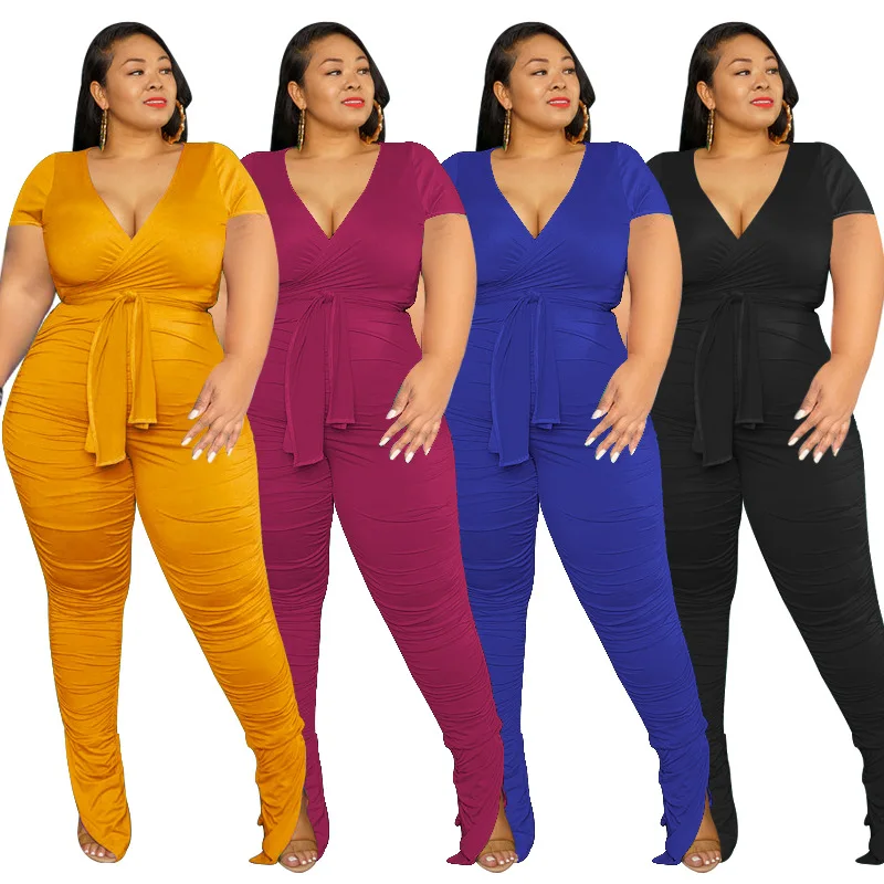 Wholesale Dropshipping 2022 Plus Size Clothing XL-5XL two Piece Set Women Casual Short Sleeve v Neck Leggings Summer Outfit sets