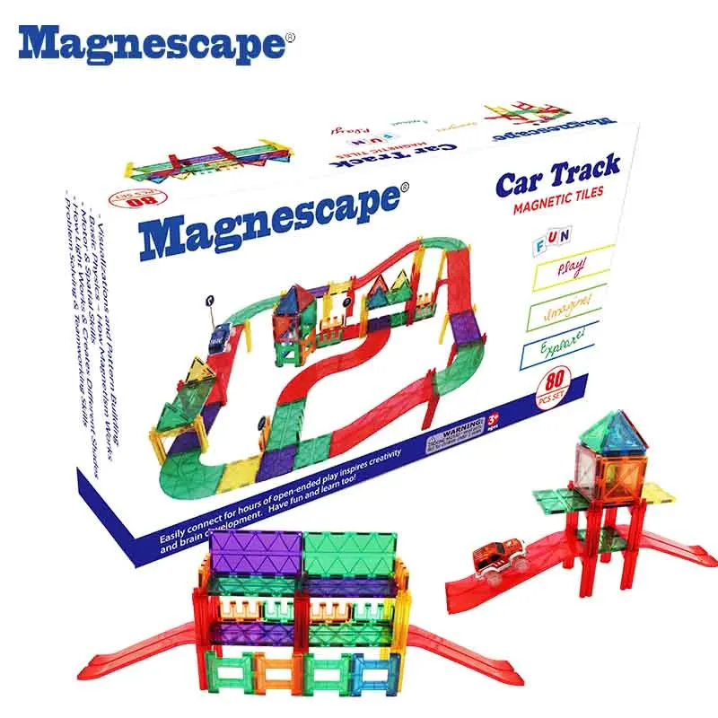 Magnescape 80pcs DIY Play Set Magnetic Building Blocks Race Car Track Toy Magnetic Tiles Car