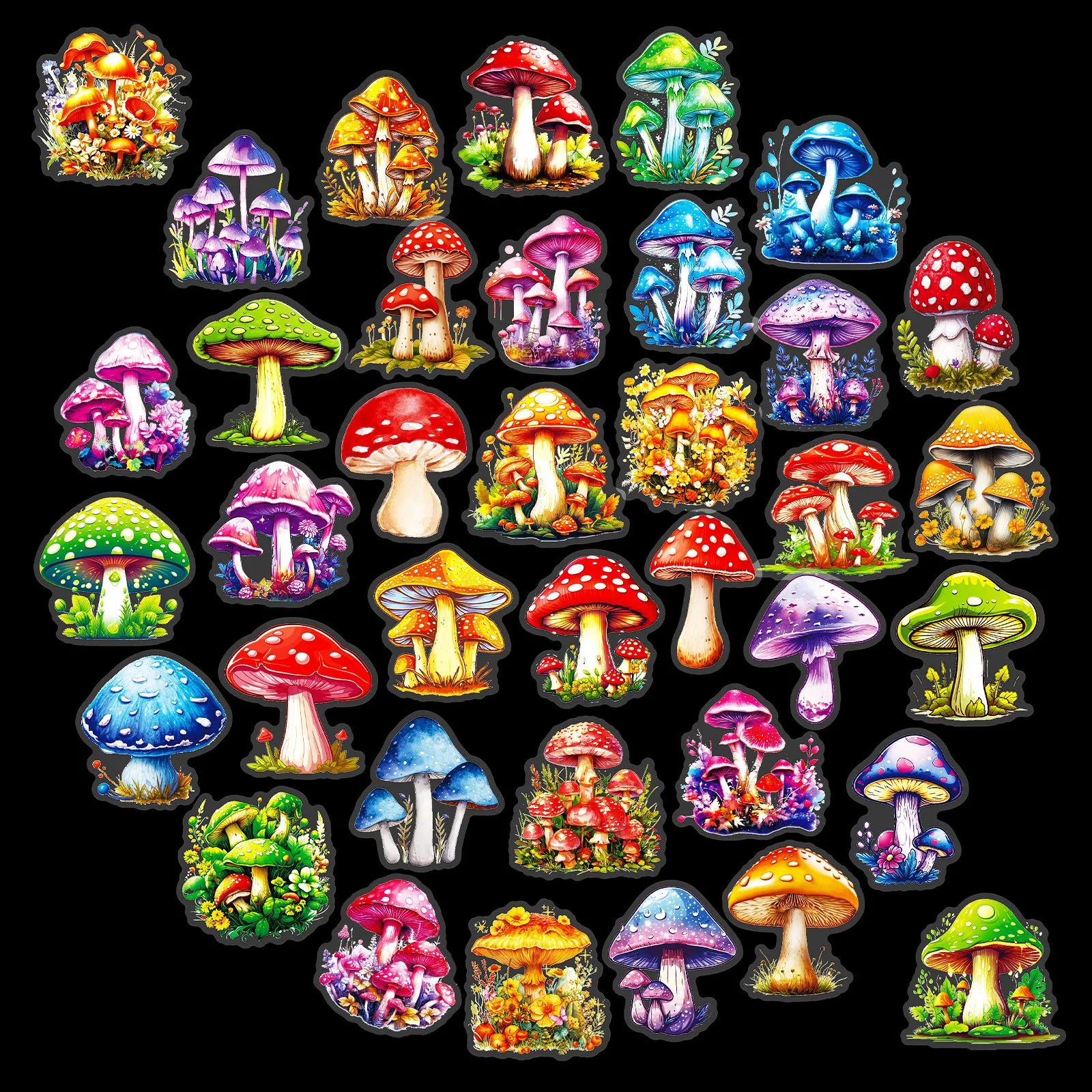 50 Pcs various mushroom PET stickers creative mushroom themed tent decoration stickers waterproof retro plant mushroom stickers
