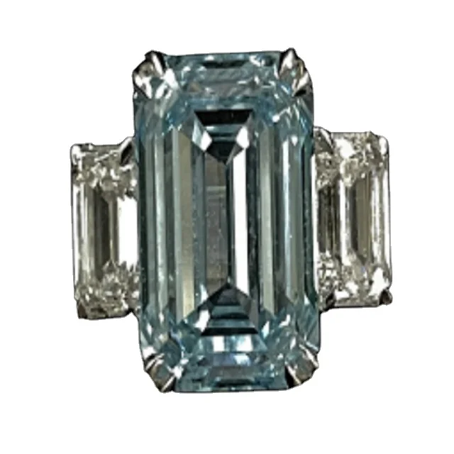 Esthetic value Lab-grown diamond, Emerald  Cut ,Blue, IGI SH ring, engagement ring ,Three stone setting