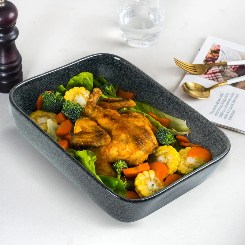 Rectangular Color Glazed Ceramic Ovenable Kitchen Baking Tray Bakeware Plate Non Stick Baking Dish