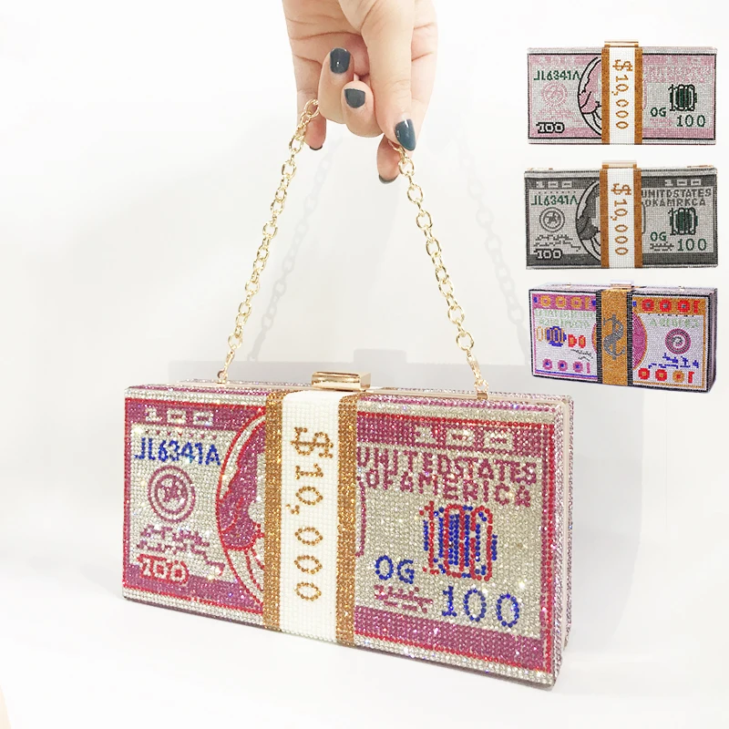 2020 selling bling 1000 dollar money clutch bag crystal purse shipping rhinestone dollars bill clutch handbag party for women
