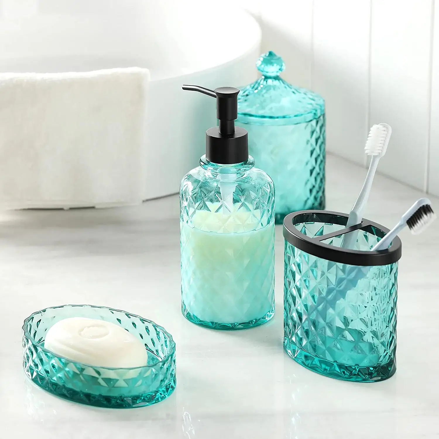 Wholesale Luxury five-piece Glass Crystal Farmhouse Bathroom Accessories Set With Tray Popular