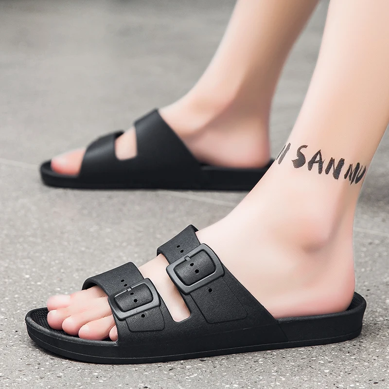 Luxury Designer Black Sandals for Men Custom Office Flat Straps Soft Comfortable Air Leather Clogs for Outdoor Use Cheap Branded