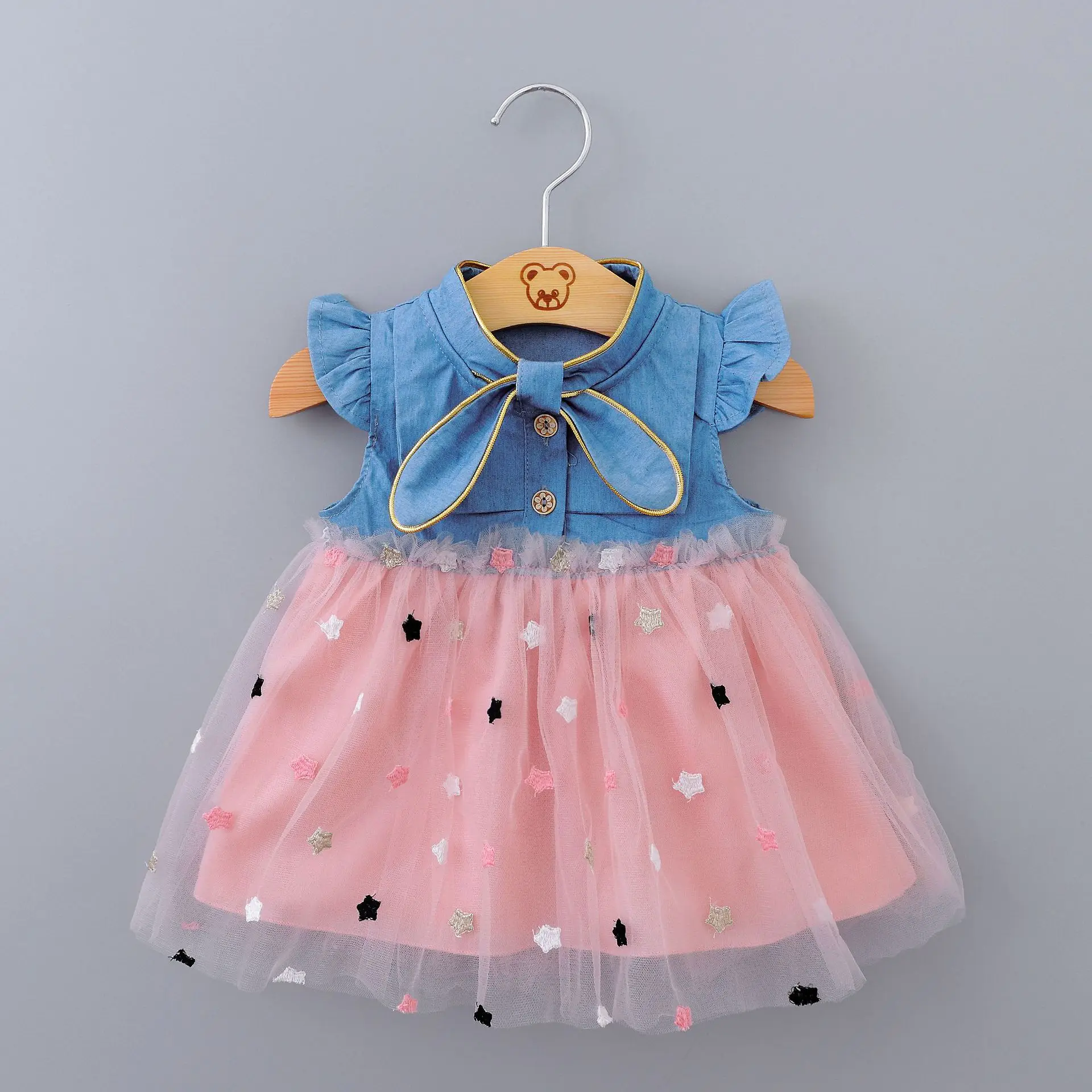  Детская одежда Sunny Baby оптовая продажа джинсовое платье для маленьких девочек с летающим рукавом милое Сетчатое принцессы со