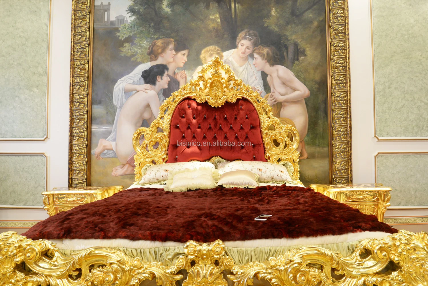 Luxury Palace Royal 24K Gold Leaf Double Bed French Rococo Style Golden Solid Wood Bedroom Set Antique Classy Bedroom Furniture