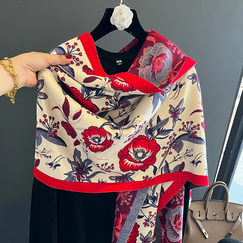 Manufacturer luxury winter warm thick cashmere scarf women stylish Flower pattern designer winter cashmere shawls pashmina scarf