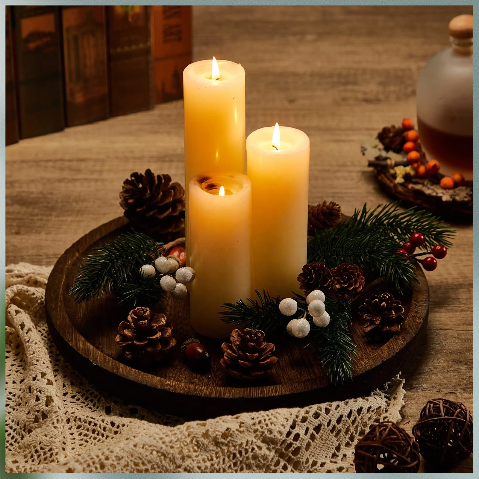Christmas coffee table candles 2 Pack Round Wooden Tray Rustic Candle Holder Tray Brown Wood Serving Tray