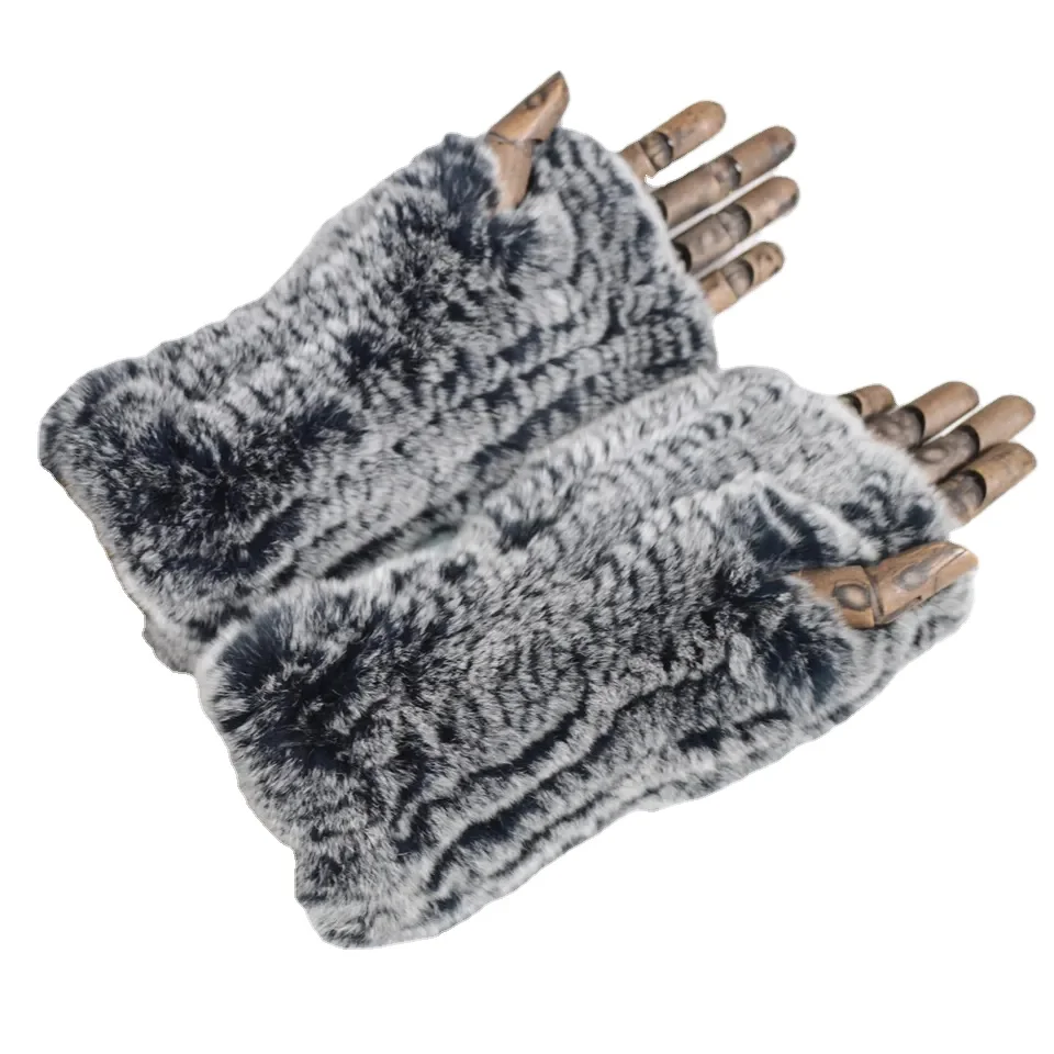 MWFur Fashion Elastic Hand Knitted Winter Warm Girl Fingerless Gloves Rex Rabbit Fur Gloves Mittens For Lady Girls