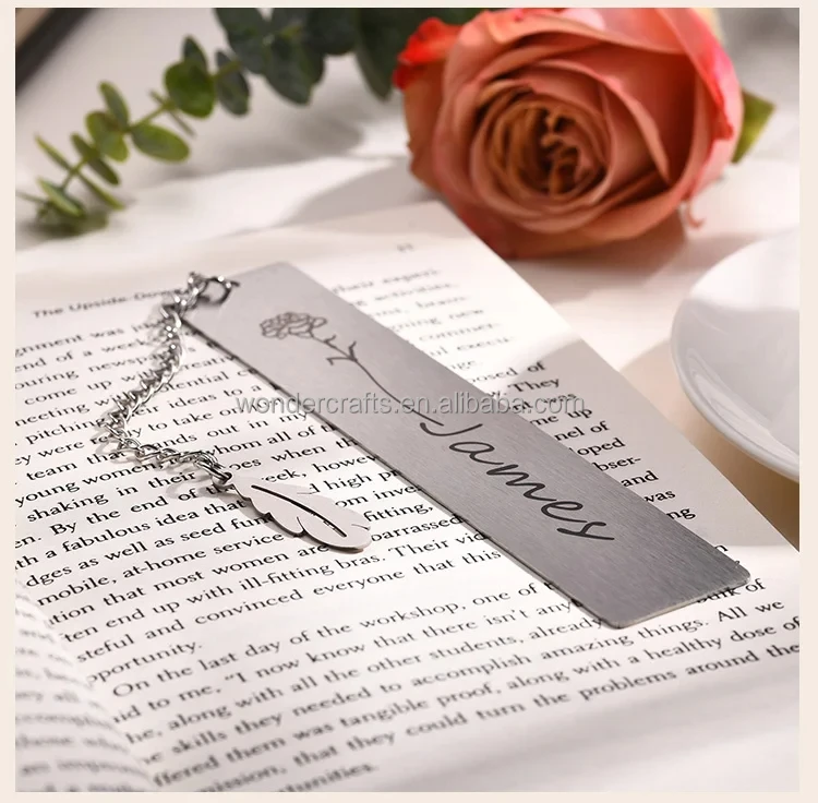 Custom Personalized Name Birthday Gift Flower Design Bookmark Never Fade Stainless Steel Plate Metal Bookmark with Feather Charm