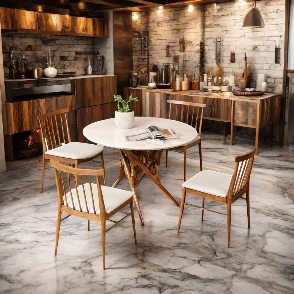 Minimalist Design 0ak Circle Table 4 6 Seater Round Shape Marble Top With Wooden Legs Dining Table Set