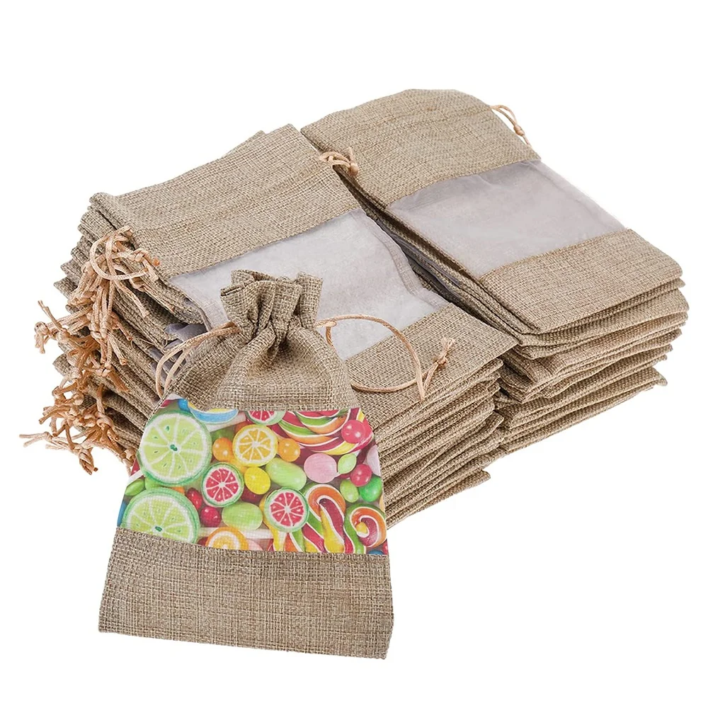 Christmas Linen Bags with Drawstrings,Christmas Burlap Goody Gift Bags with Double Jute Drawstrings