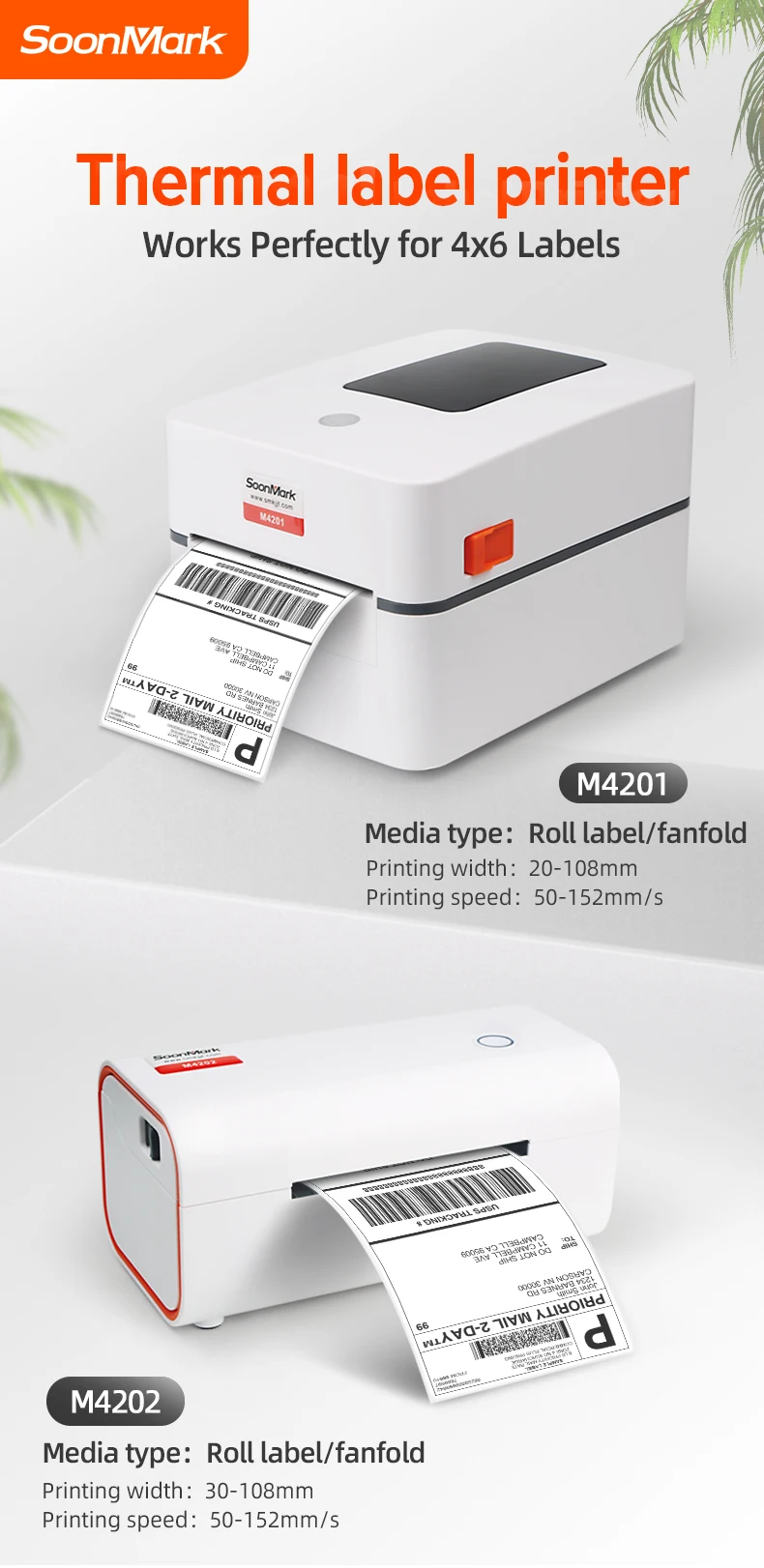 Portable & Cheap Soonmark M4202 USB+BT Direct Thermal Printer A6 size printer 4 Inch Label Shipping Printer