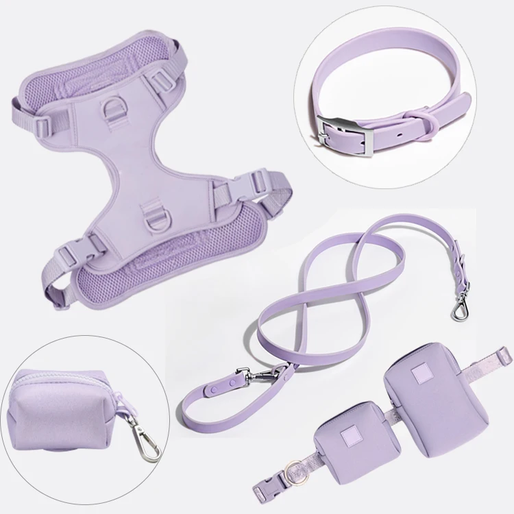 Solid color luxury dog harness set soft neoprene space cotton waterproof pet dog harness vest match dog collar and leash