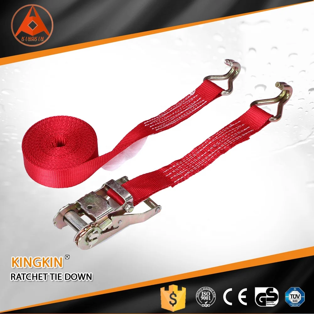 Red 28mm 1500daN Cargo Lashing Belt Polyester Ratchet Tie Down Strap with Double J Hooks