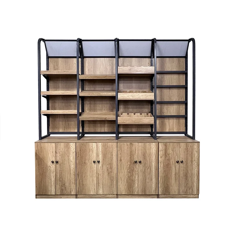 Factory Custom Wooden Double Sided Retail Store Supermarket Gondola Display Shelves Racks