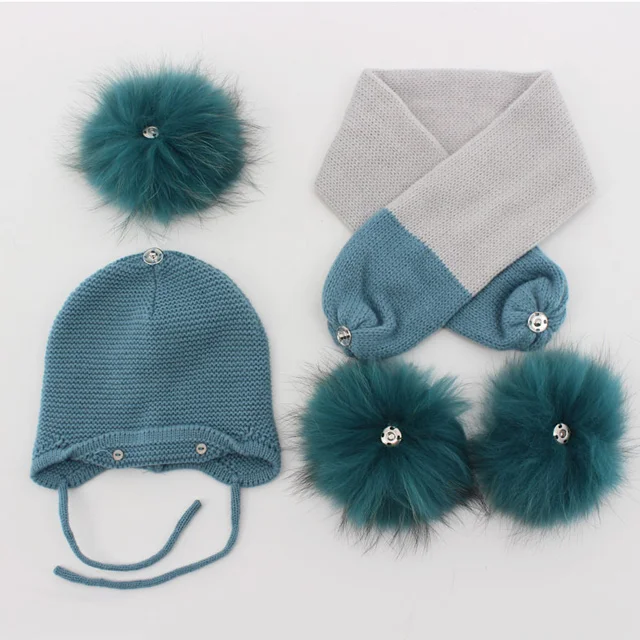 Winter Baby A Set of Hat and Scarf with Double Fur Pompom for Children two pieces Braid Hat