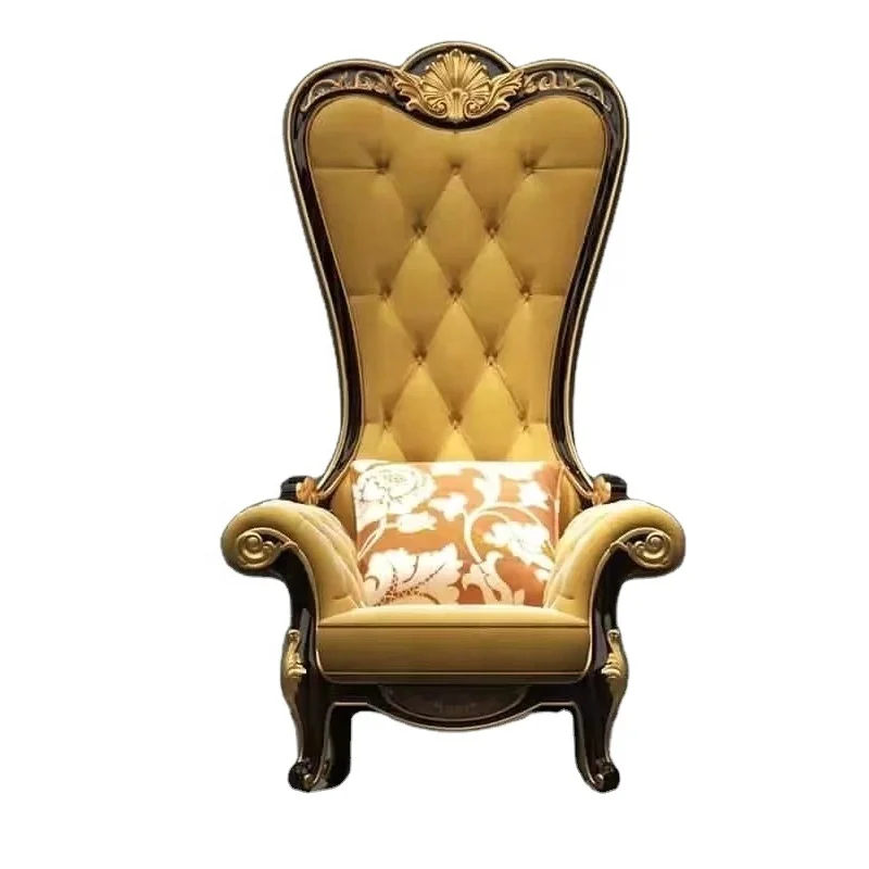 Luxury Traditional Style Throne Chair Hand-Carved Dark Brown Wood with High Back Yellow Velvet Banquets Events Bars Living Rooms
