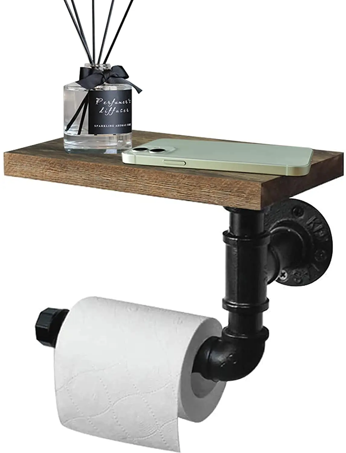 Industrial Toilet Paper Holder with Wooden Shelf Industrial Pipe Toilet Paper Holder Tissue Roll Hanger for Bathroom Washroom