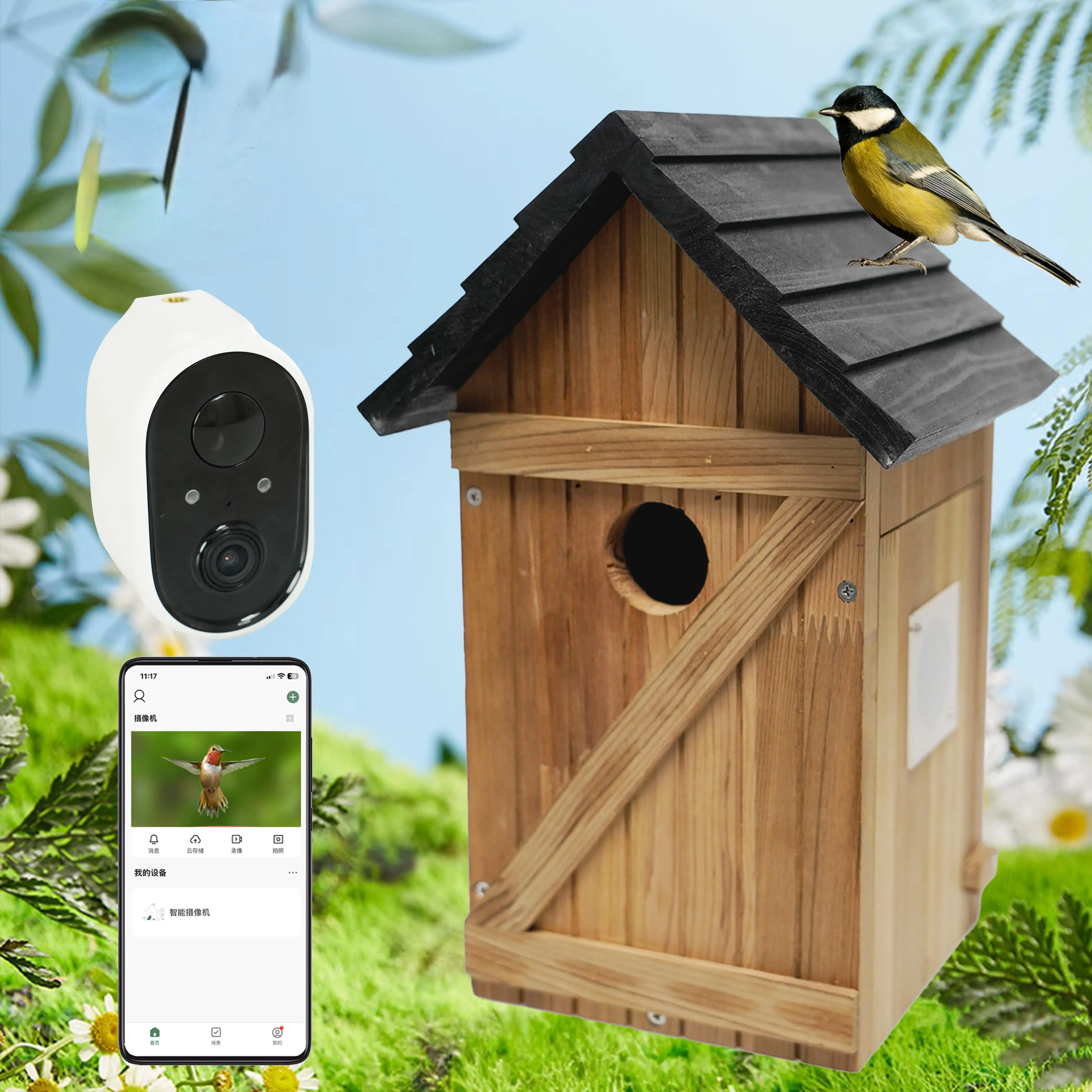 Solid Wood Visual Birdwatcher Smart Bird Feeder with Camera Automatic Bowl feeder for Food