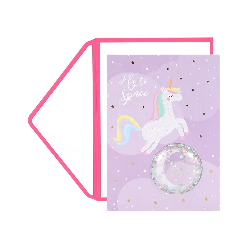 New Design Funny Plain Shake Unicorn Greeting Cards, Manufacturer Printing 3D Handmade Birthday Cards With Envelope