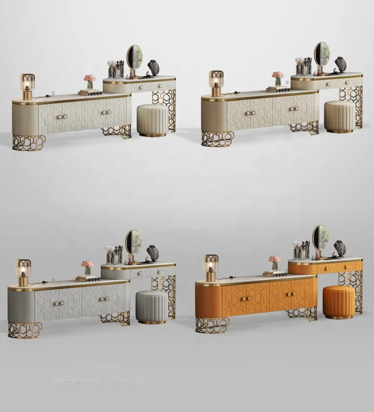 Luxury Modern Furniture Bedroom Set Dresser Golden Steel Base Makeup Vanity Dressing Table