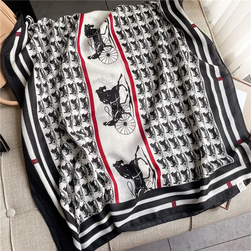 2022 Luxury Women Spring Fashion Horse Carriage Printed Designer Cotton Linen Shawl Scarves Hijab Long Scarf