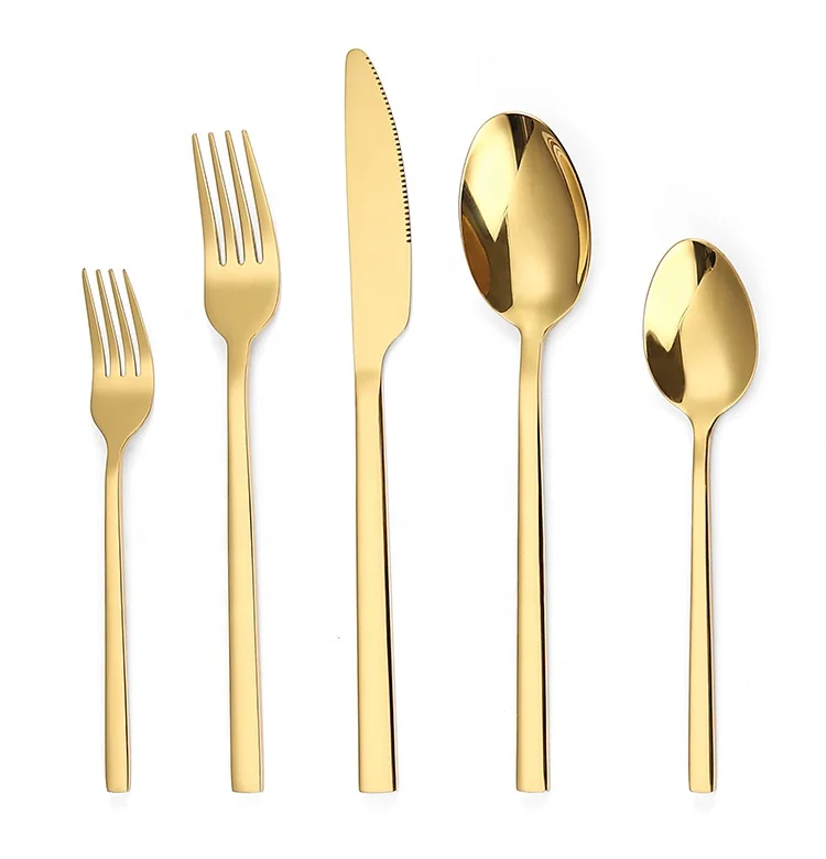 Bulk Gold Knife Fork Spoon Cutlery Set Stainless Steel Square Handle Flatware Silverware Set