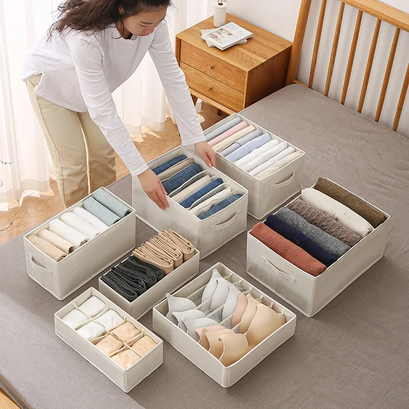 Creative Products 2024 Eco Friendly Wardrobe Underwear Organizers Nature Cotton Linen Folding Storage Box Bin For Clothes Socks
