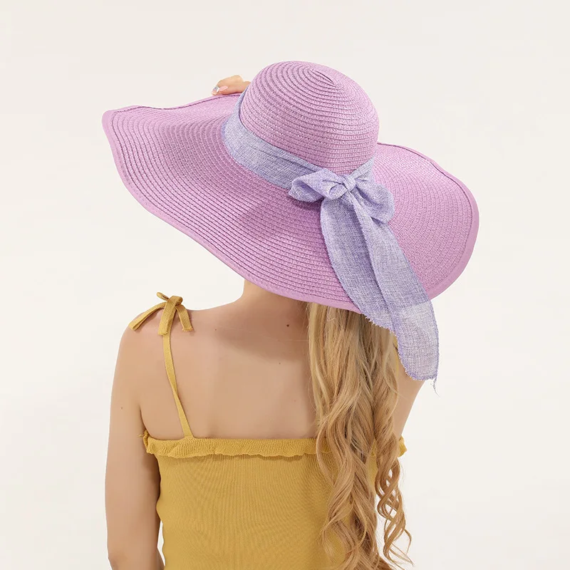 Wholesale large-size hat brim straw hat beach travel lady bow sunshade folding sun summer knitting hat
