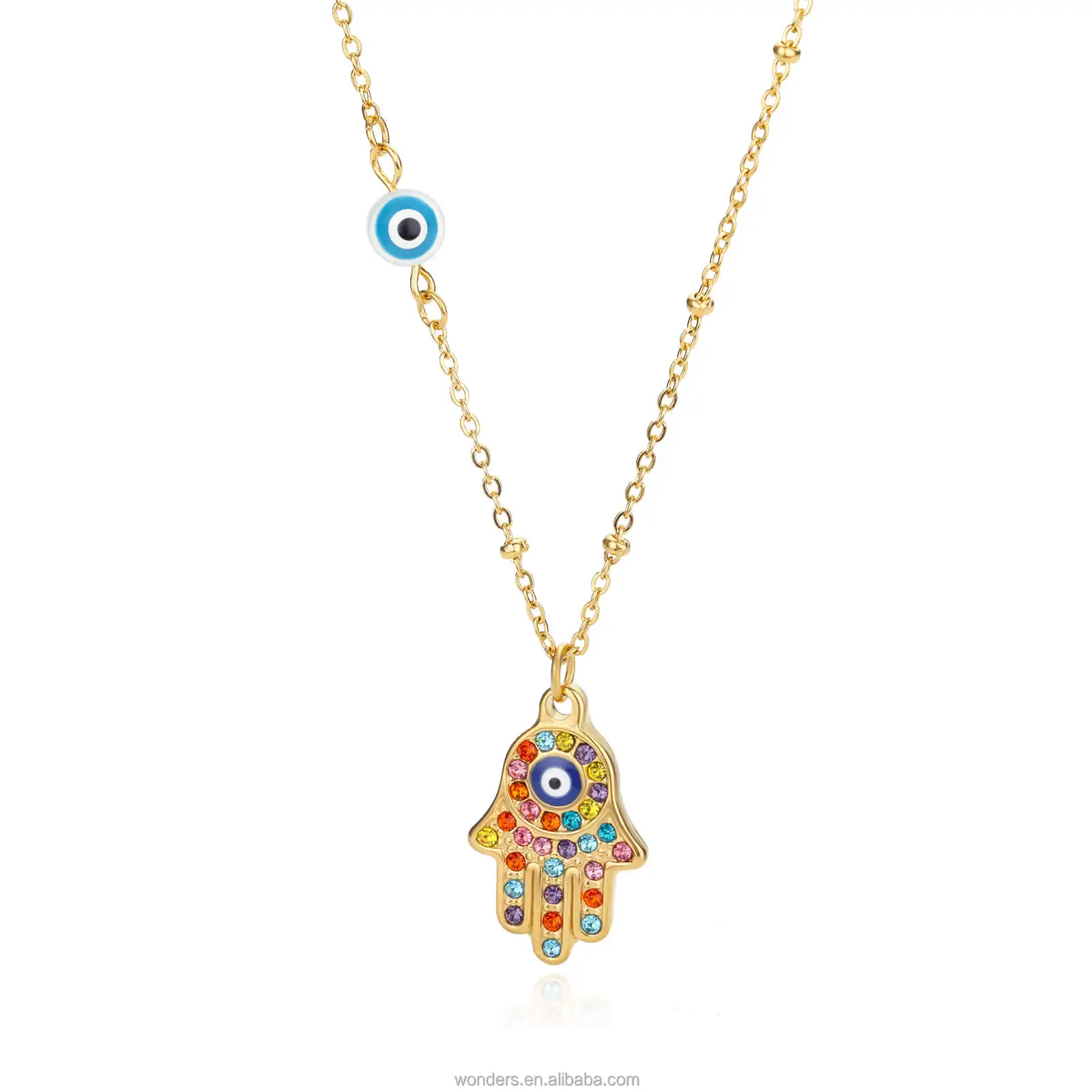 Gold Silver CZ Iridescent Zirconia Hamsa Necklace Blue Evil Eye Hand Symbol Friendship Necklace Women Jewelry