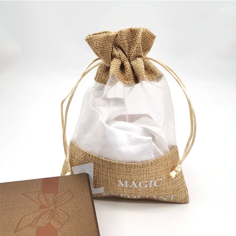 Custom Logo Jute Shopping Bags Linen Coffee Bag Jewelry Gift Pouch Burlap Drawstring Bags With Organza Window