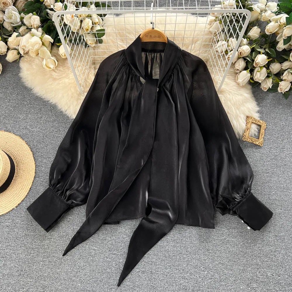 Summer Full Sleeve O-Neck Shirts Women Solid Bow Casual Blouse Ladies Elegant Clothing Clothes Women Wholesale