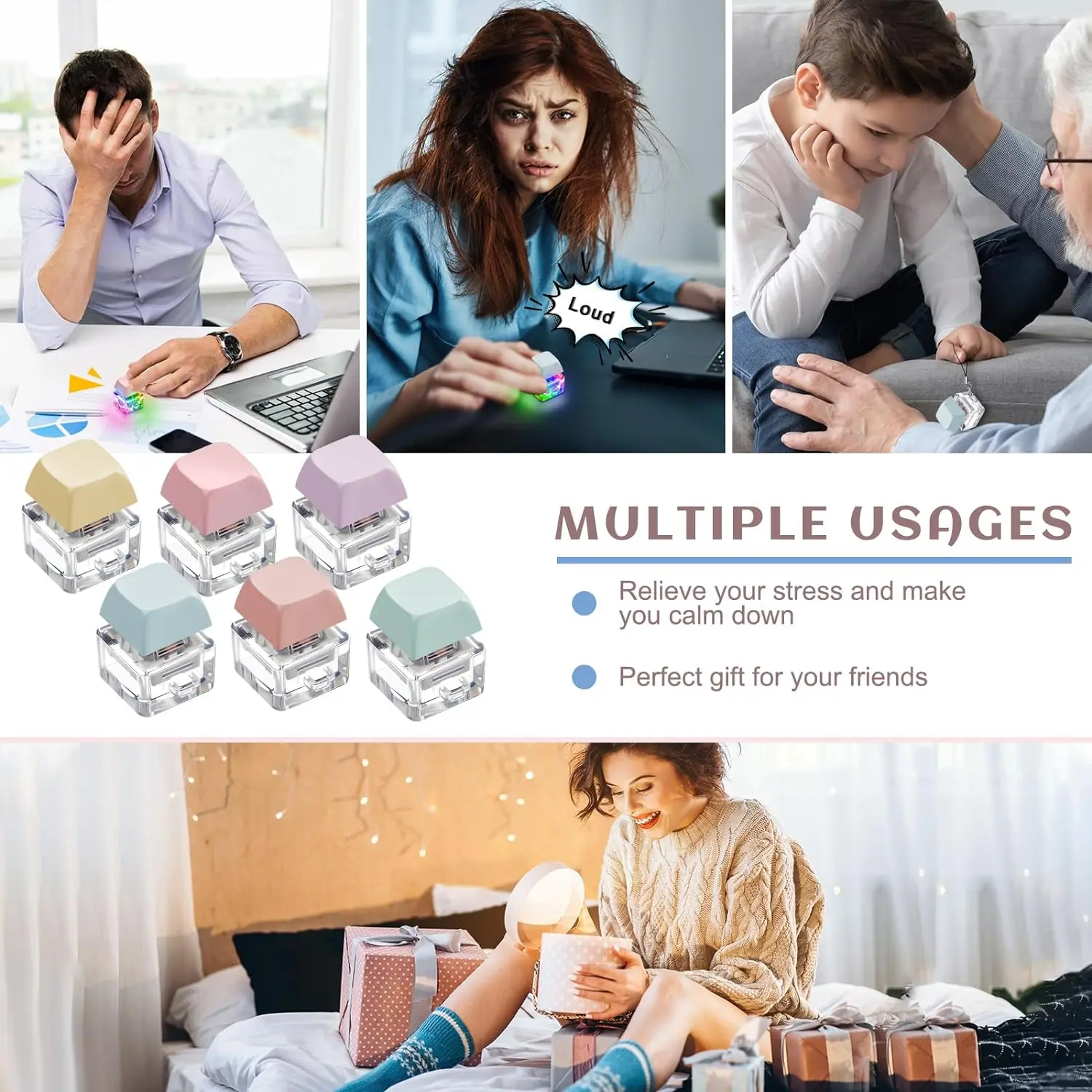 6pcs Keyboard Fidget Keychain with LED Light Keyboard Decompressiion Toys Fidget Button for Adult Gifts to Pass the Time