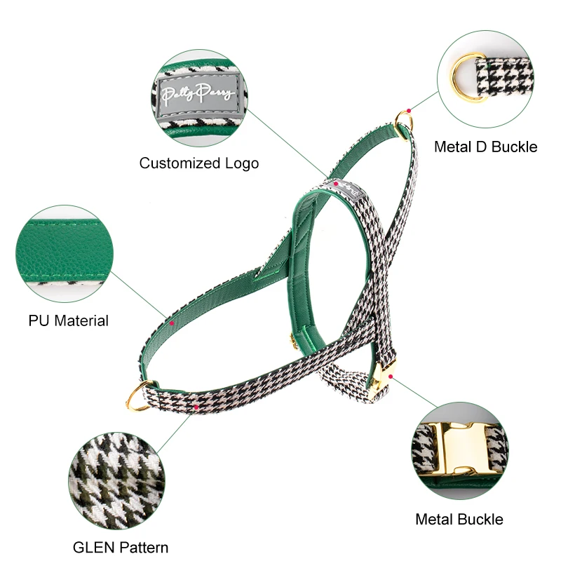 New Design Adjustable Green Pu leather Thousand Birds Print Pattern Dog harness set with PVC Label and Metal buckle for Puppy