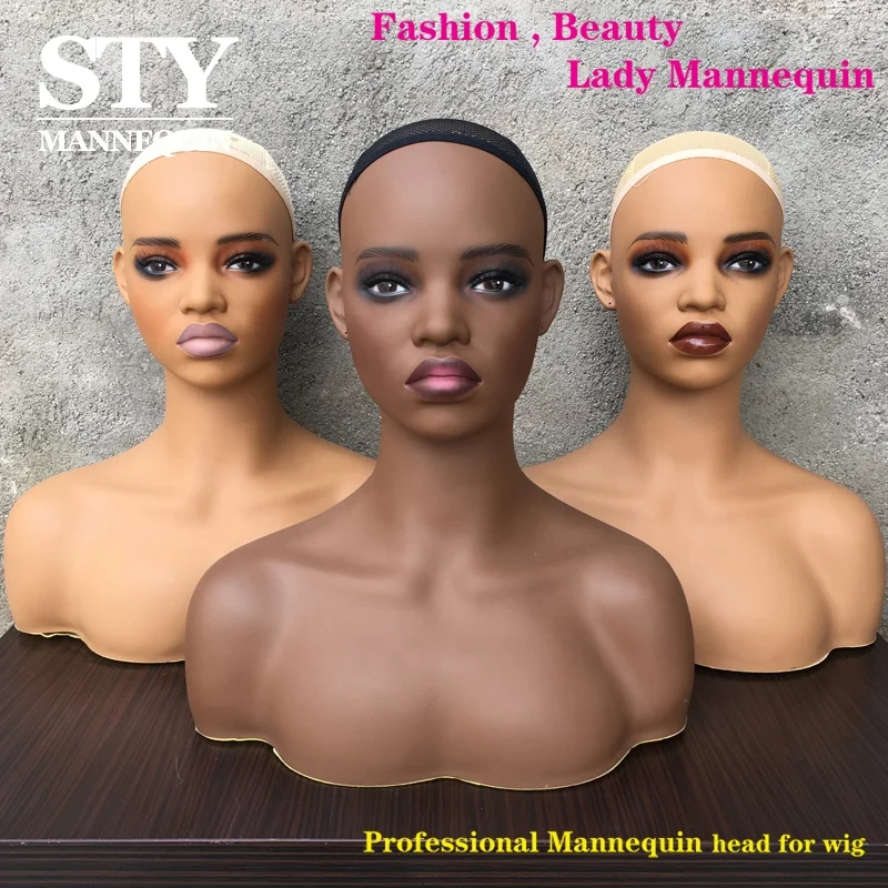 Wholesale price High Quality PVC Glam Black Realistic Female African American Wig Mannequin Head With Shoulder