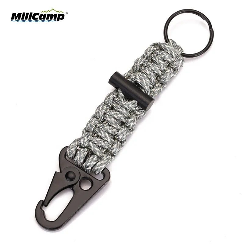 Custom Hiking camping paracord keychain with fire flint, hang metal buckle, key rings